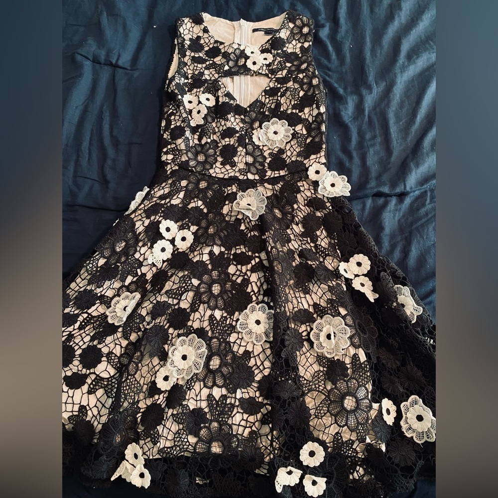 French Connection Black and White Embroidered Floral Fit and Flare Keyhole Dress